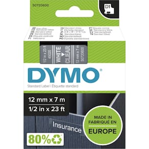 Tape Dymo D1, 12 mm, wit op transparant