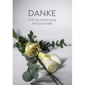 Trauerkarte KOMMA³ ohne Blatt, Schrift/weiße Rose, 5 Stück