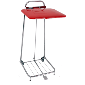Säckställ Erik 125 liter, rött lock, fotpedal och 4 hjul, kromad
