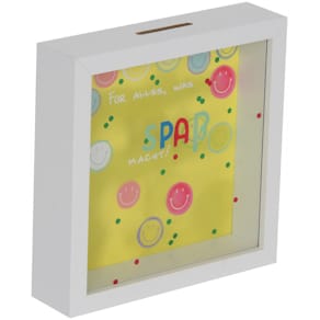 Spardose EigenArt, Glasfront, weiß/gelb, 16x16x10 cm