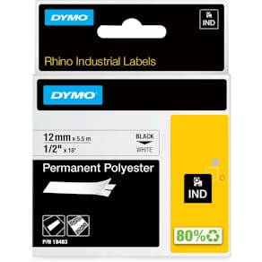 Labeltape Dymo RHINO, permanente polyester, 12 mm, zwart op wit