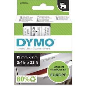 Tape Dymo D1, 19 mm, zwart op transparant