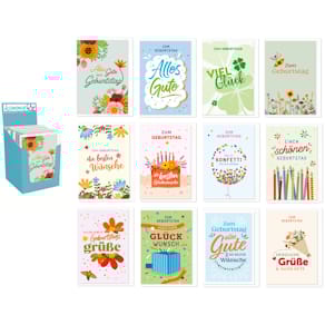 Geburtstagskarten-Set, Metalliceffekt, 12 Motive, mit Umschlägen