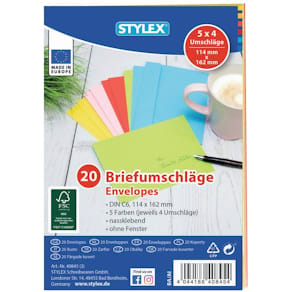 Briefumschlag STYLEX, C6, 5 Farben sortiert, 20 Stück, nasskleb. 