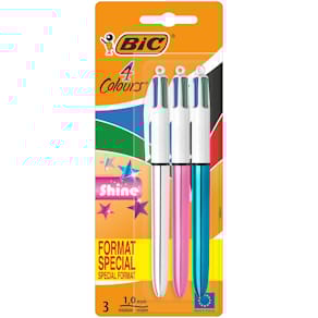 Balpen BIC 4 Colours Shine, medium, klassieke inkt, blister 3 st.