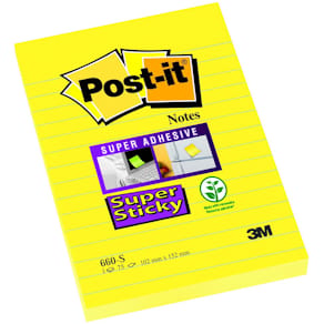 Post-It Supersticky Gul, linjerat, 102x152mm, 6st