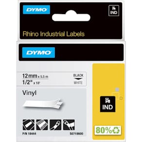 Vinyltape Dymo RHINO, 12 mm, zwart op wit