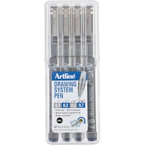 Fineliner Artline Drawing System, etui van 4 stuks: 0,1 - 0,3 - 0,5 - 0,7 mm, zwart