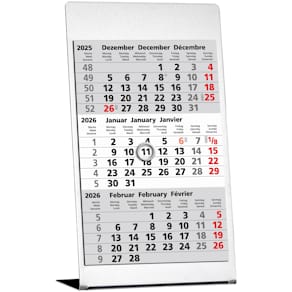 Tischkalender GÜSS 3 Monate, Edelstahl-Design, DE/EN/FR