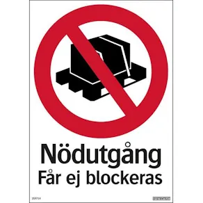 Skylt Nödutgång får ej blockeras 210x297