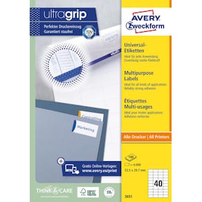 Etiketten Avery Zweckform 3651 Universeel Ultragrip, wit, 100 v.