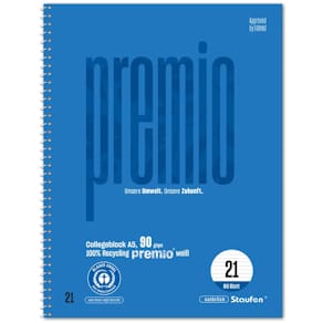 Collegeblock Staufen Premio, A5, 80 Blatt, 9 mm, liniert, blau