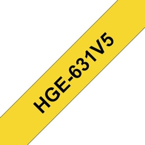 Lamineret labeltape Brother HGe 12 mm sort på gul, 8 m, 5-pak