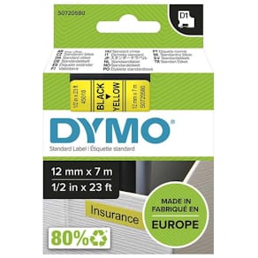 Labeltape DYMO D1 12 mm x 7 m, sort på gul, 5-pak