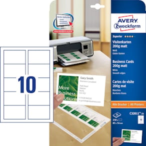 Visitkortsark Laser Matt 200g Avery C32011, 85x54mm, 250/fp