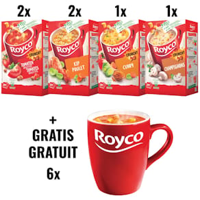 Soep Royco 2x tomaat/bal., 2x kip, curry, champignons +6 mokken