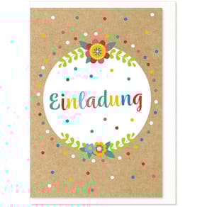 Einladungskarte KOMMA³ Bild, bunt, 5 Stück mit Kuverts