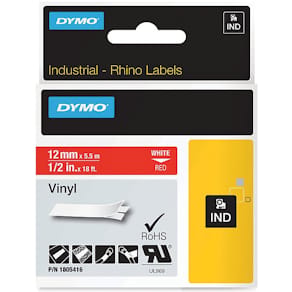 Vinyltape Dymo RHINO, 12 mm, wit op rood