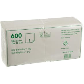 Servett DUNI 1lags 33x33 Finess Vit, 600st