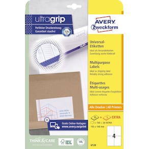 Etiketten Avery Zweckform 6120, Universeel, Ultragrip, wit, 25+5