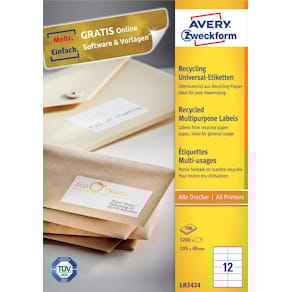Etiketten Avery gerecycled universeel, wit, 105 x 48 mm, 1200 st