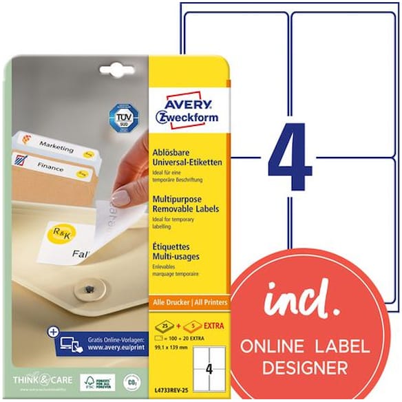Etikett AVERY avtagbar 99,1x139mm (120)