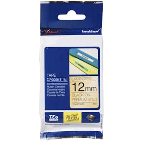 Labeltape Brother 12 mm x 8 m sort på guld, 5-pak