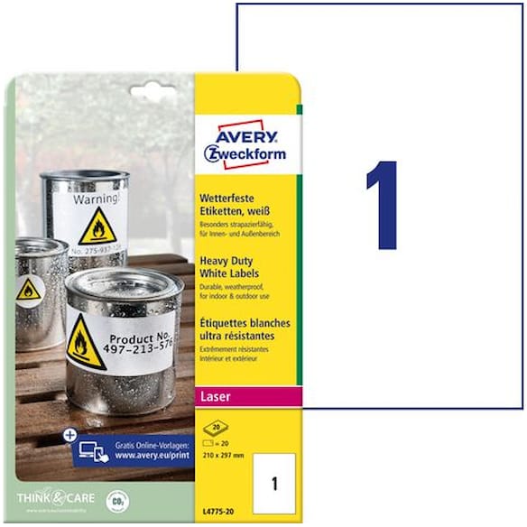 Etikett AVERY polyester 210x297mm (20)