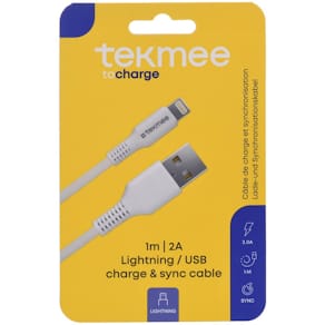 Ladekabel TEKMEE, USB-A/Lightning, Nylon, weiß