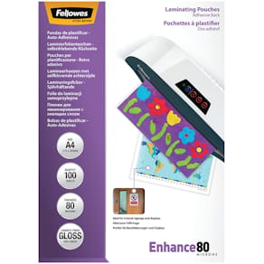 Laminat Självhäftande FELLOWES A4 80mic klar 100/fp