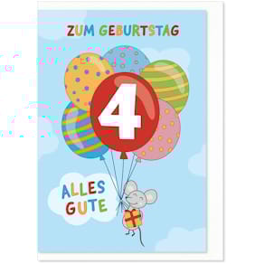 Geburtstagskarte KOMMA³ Kinder, Zahl 4, bunt, mit Umschlag
