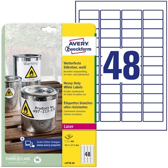 Etikett AVERY polyester 45,7x21,2mm(960)