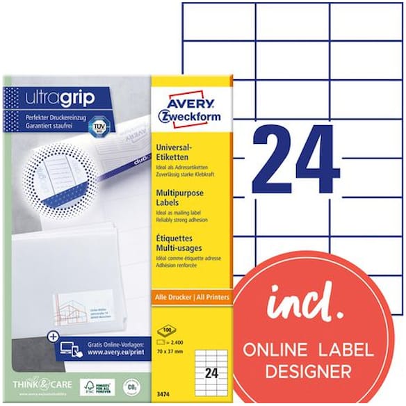 Etikett AVERY Ultragrip 70x37mm (2400)
