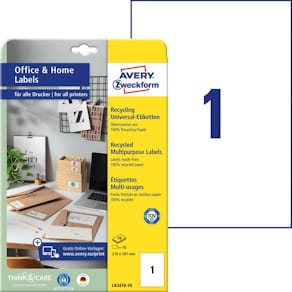 Universaletiketten Avery Zweckform Recycling, 210x297 mm, weiß, 1