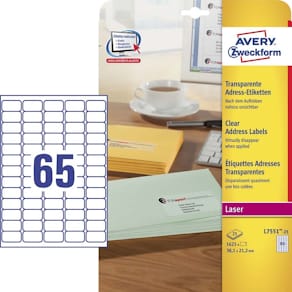 Etiketter Avery transparente til laser, 38,1x21,2 mm, 1625 stk