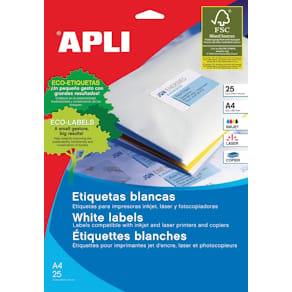 Etiketten Apli, 210 x 297 mm, rechte hoeken, 25 stuks