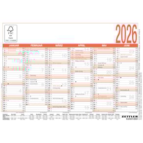 Wandkalender ZETTLER Typ 900, A6, 2-farbig, 6 Monate/1 Seite