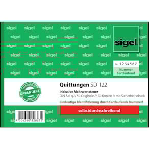 Quittungsblock Sigel, A6 quer, 2x50 Blatt, inkl. MwSt.