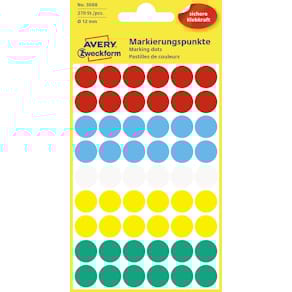 Etiketten Avery Zweckform rond, 12 mm, geassorteerde kleuren, 270