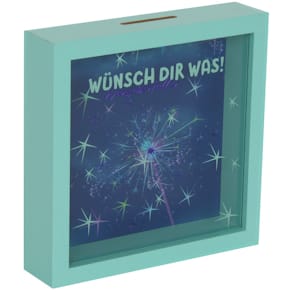 Spardose EigenArt Glasfront, türkis, 16x16x10 cm, "Wünsch dir was