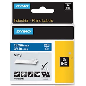 Vinyltape Dymo RHINO, 19 mm, wit op blauw