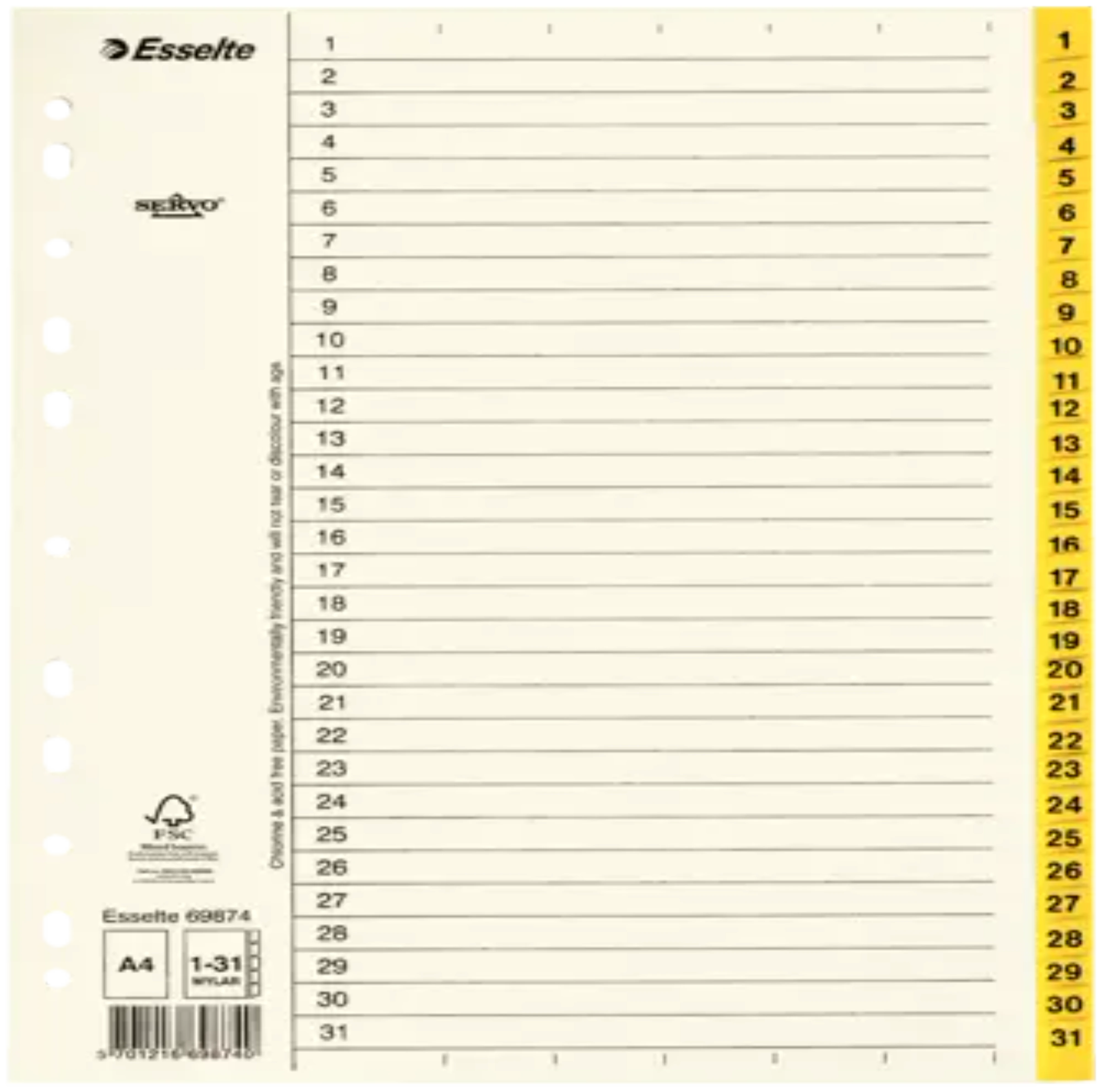 Pärmregister ESSELTE A4 1-31 Gul, flikförstärkt