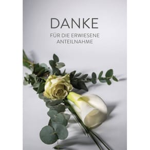 Trauerkarte KOMMA³ ohne Blatt, Schrift/weiße Rose, 5 Stück