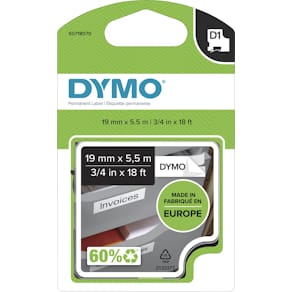 Tape Dymo D1 permanente polyester, 19 mm, zwart op wit, 5,5 m