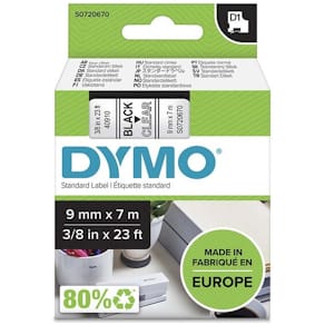 Labeltape DYMO D1 9 mm x 7 m, sort/transparent, 5 ruller