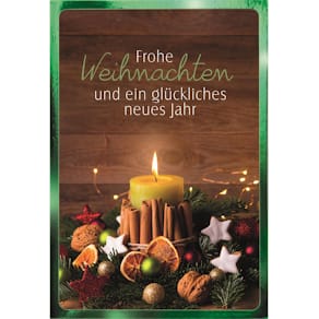 Weihnachtskarte Noname, weißer Karton, Kerze, Zimt, Orange, Geste