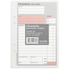 Följesedel A5 med kopia 3x50 blad numrerade