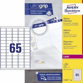 Laseretiketter Avery L7651-100 38,1x21,2 mm 65/ark 6500 hvid