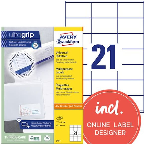 Etikett AVERY Ultragrip 70x41mm (2100)
