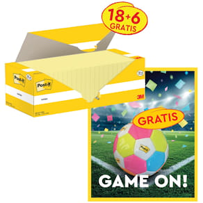 Memoblaadjes Post-it Notes, 76x76 mm pak 18(+6) + gratis voetbal